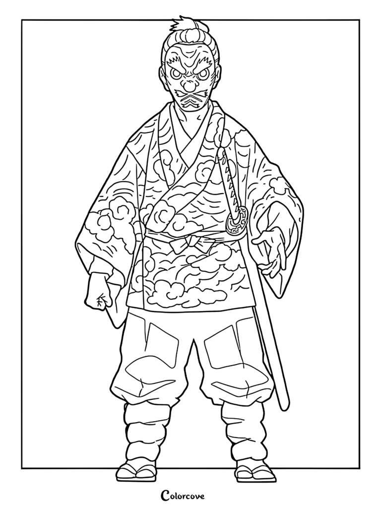 Sakonji Urokodaki wearing his signature tengu mask and cloud-patterned haori in this detailed Demon Slayer coloring page.