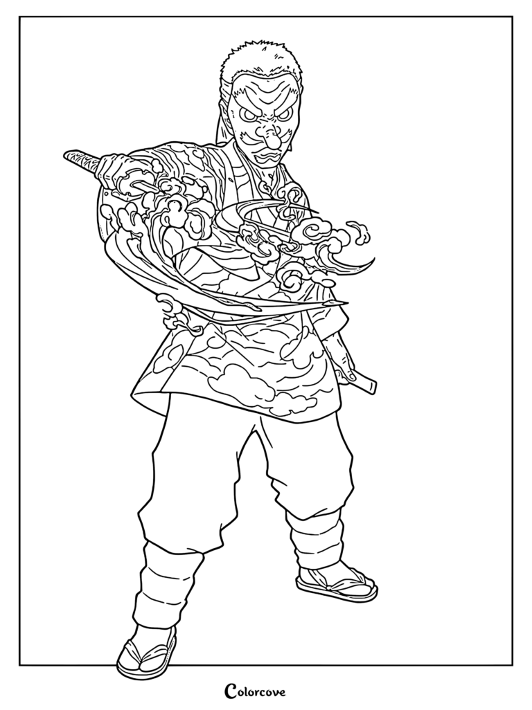 Sakonji Urokodaki wearing his signature tengu mask while performing a water breathing sword technique in this detailed Demon Slayer coloring page.