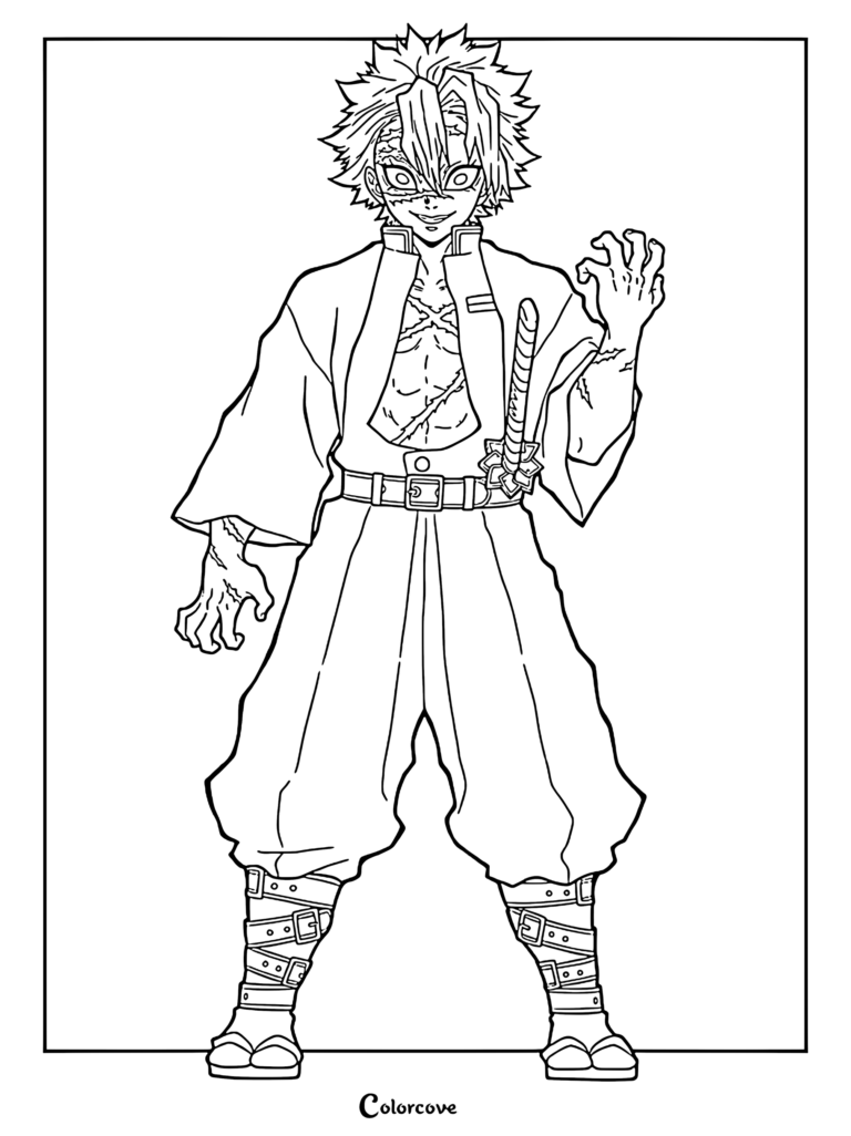 Sanemi Shinazugawa from Demon Slayer with spiky hair and scars in a standing pose for a coloring page.