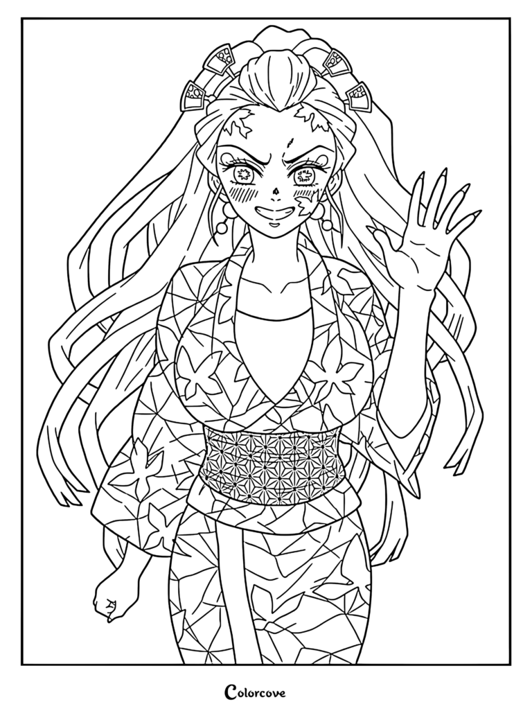 Daki from Demon Slayer wearing her signature pink kimono with a black floral pattern in this detailed line art coloring page.