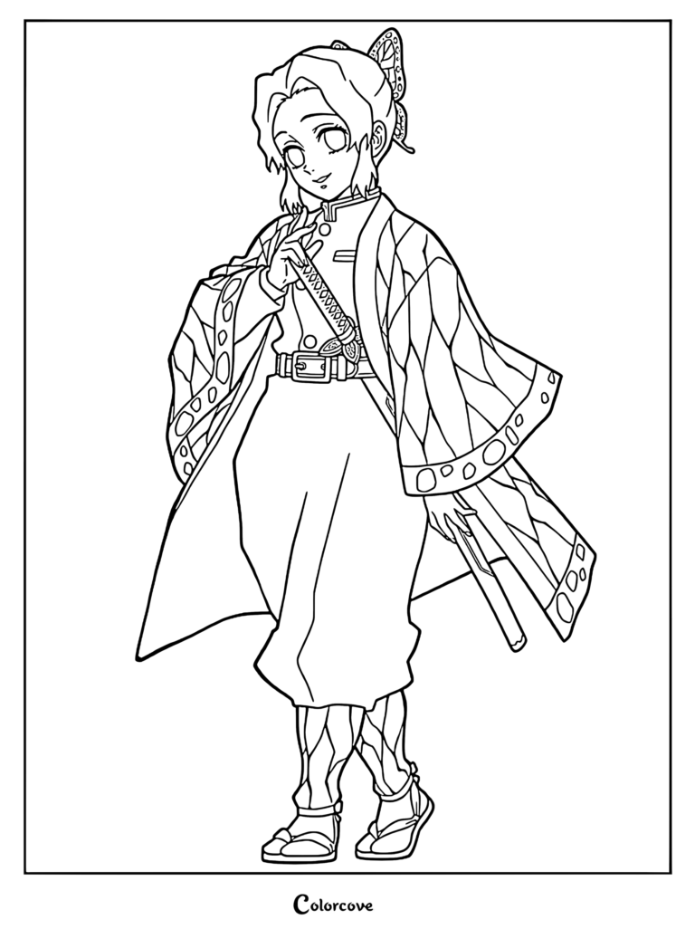 Shinobu Kocho wearing her butterfly wing haori and holding her nichirin sword in this detailed line art coloring page.