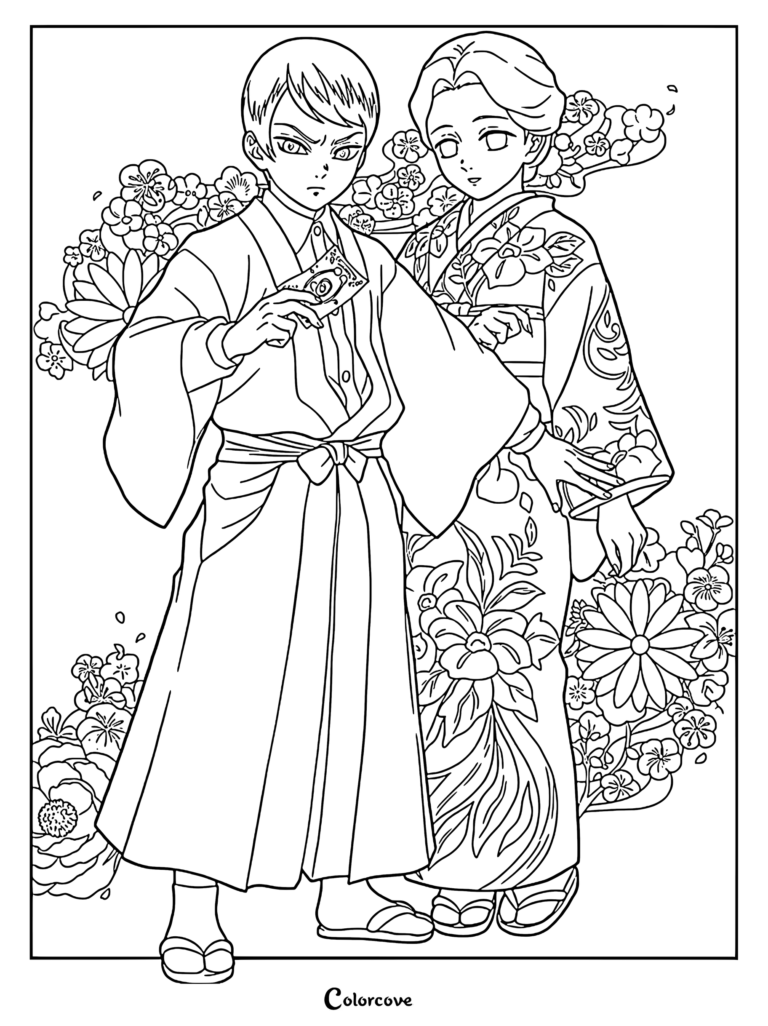 Tamayo and Yushiro standing together in traditional Japanese attire surrounded by floral patterns in this Demon Slayer coloring page.