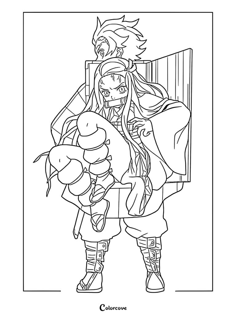 A detailed coloring page featuring Tamayo and Yushiro from Demon Slayer in a dynamic character pose.