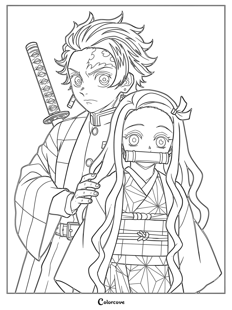 Tanjiro Kamado standing behind Nezuko Kamado in this detailed Demon Slayer coloring page featuring their signature outfits and Nichirin sword.