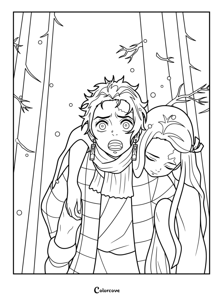 Tanjiro pushes through the snow with Nezuko on his back determined to get her help in this printable coloring page