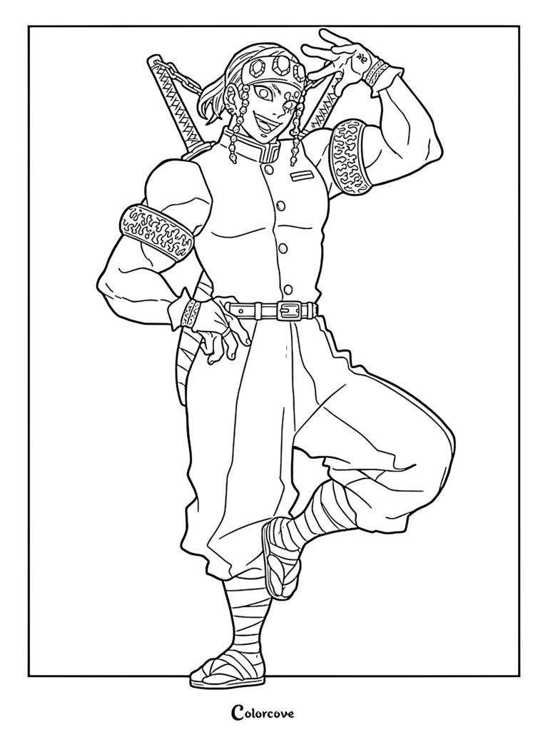 Tengen Uzui from Demon Slayer in a dynamic pose with dual swords on his back, detailed line art coloring page.
