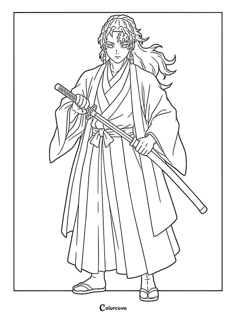 Yoriichi Tsugikuni holding his Nichirin sword in a traditional kimono, detailed line art coloring page.
