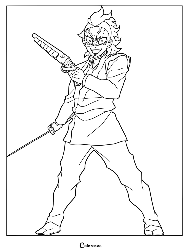 Genya Shinazugawa from Demon Slayer holding his signature Western-style double-barreled shotgun in a detailed line art coloring page.