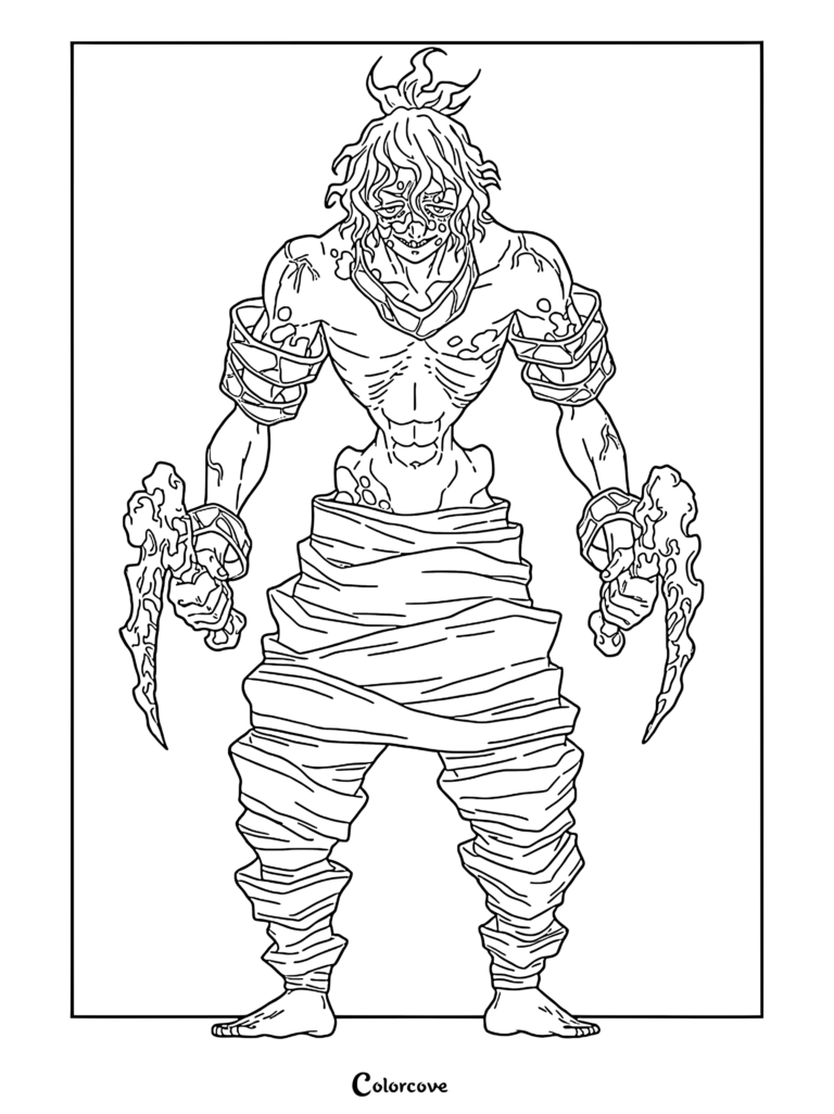 Gyutaro, the true Upper Rank Six demon from Demon Slayer, standing with his signature jagged blood sickles in this detailed line art coloring page.