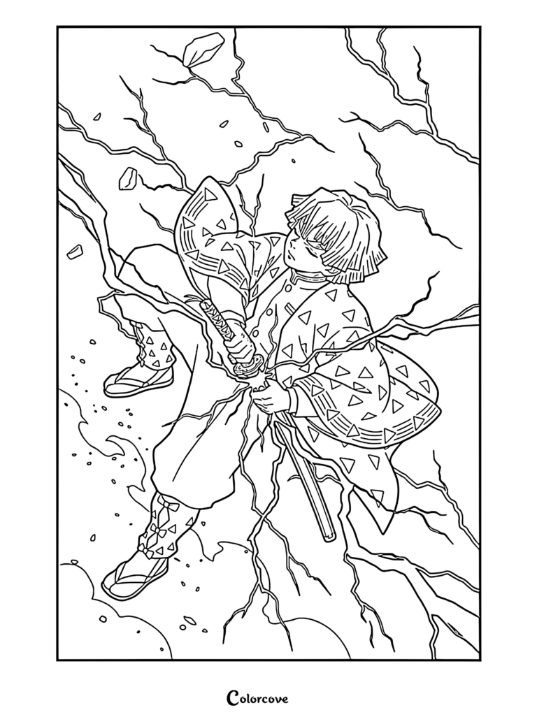 Zenitsu Agatsuma unleashing his Thunder Breathing technique in this detailed Demon Slayer coloring page featuring lightning bolts and his signature haori.