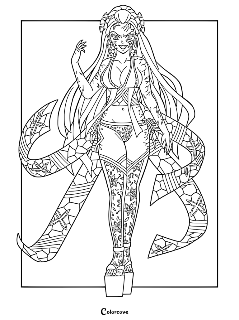 Daki showcasing her iconic long white hair with green tips in this detailed Demon Slayer coloring page