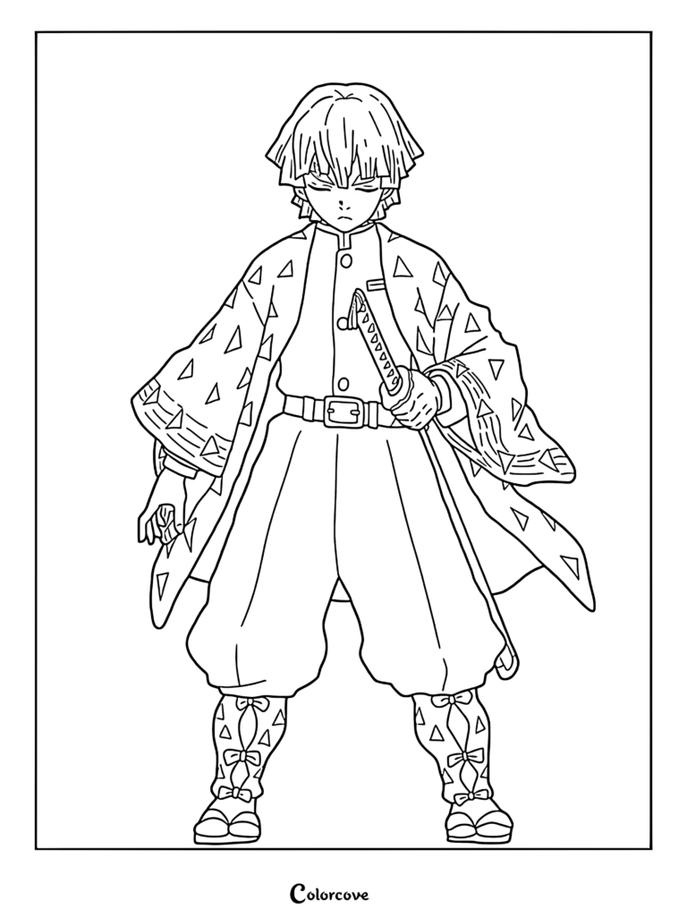 Zenitsu Agatsuma standing with his hand on his Nichirin sword hilt in a detailed line art coloring page.