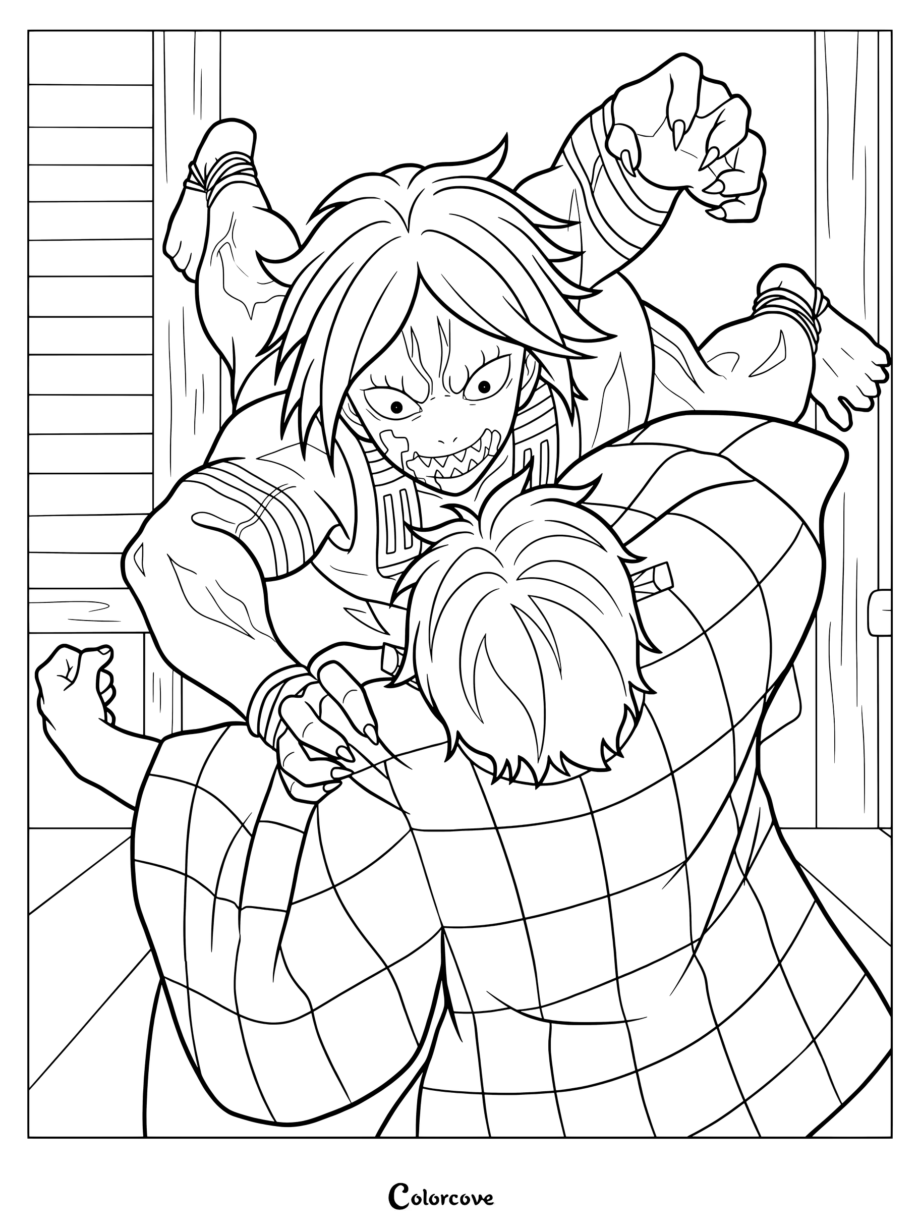 Tanjiro Kamado fighting the Temple Demon in a line art coloring page from Demon Slayer