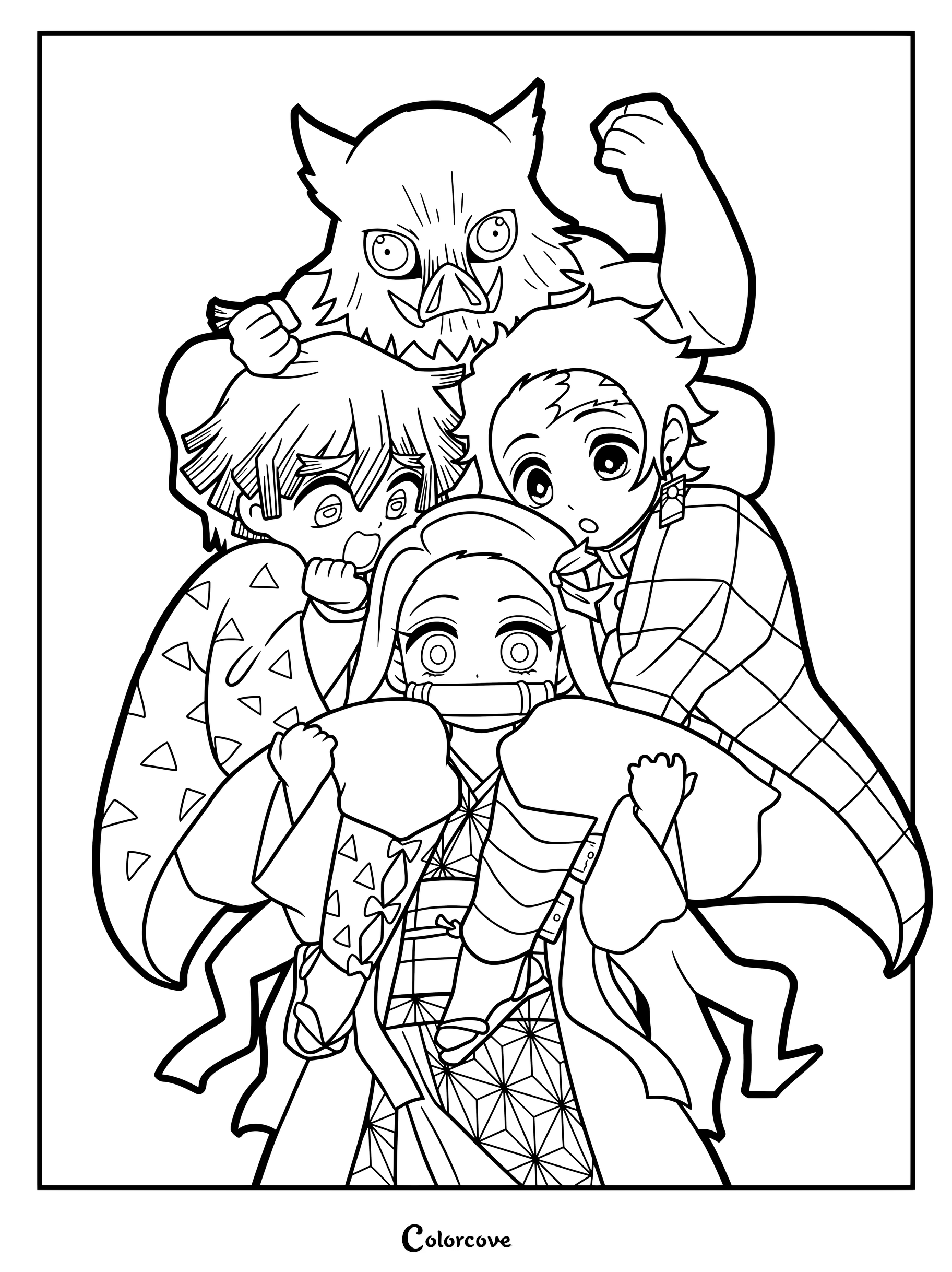 Tanjiro Kamado, Nezuko Kamado, Inosuke Hashibira, and Zenitsu Agatsuma line art coloring page
