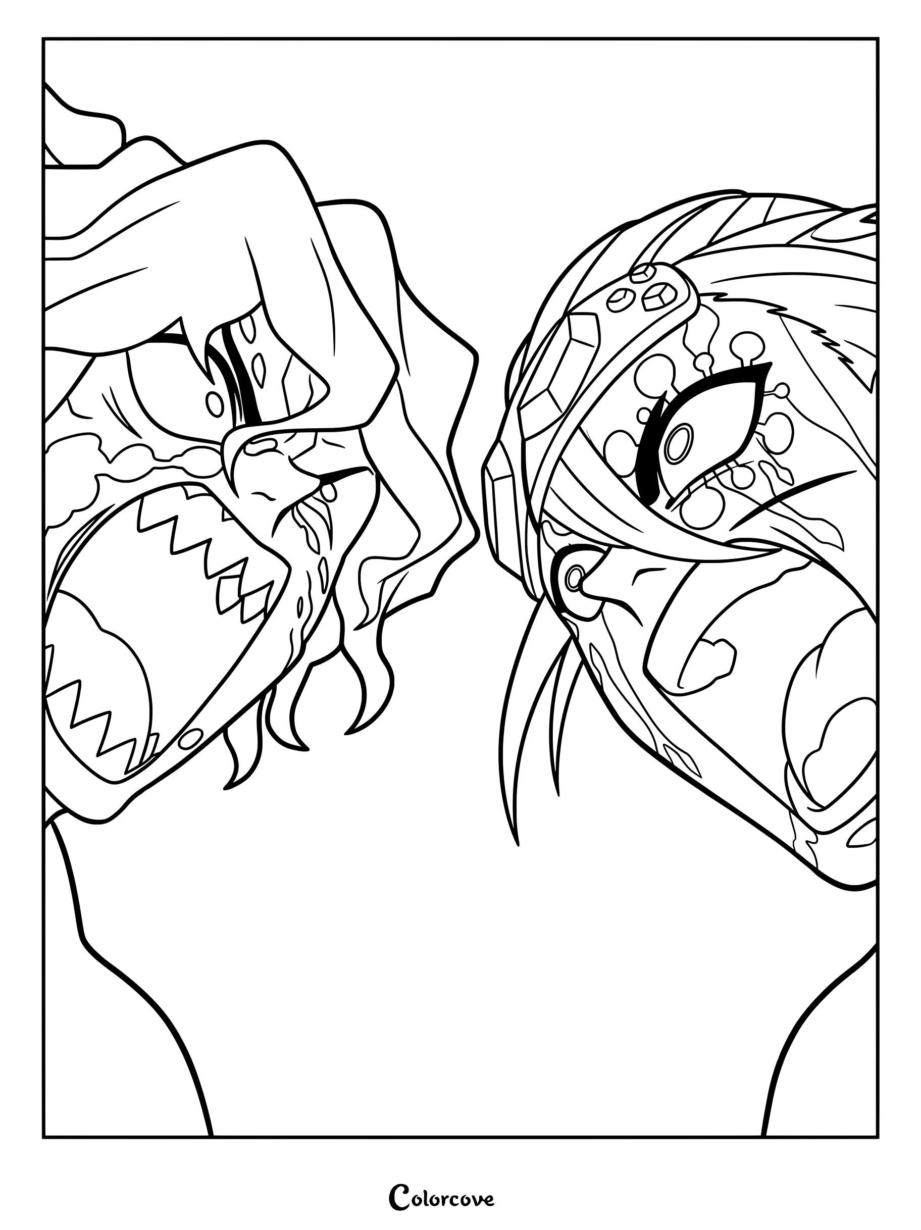 Printable coloring page of the fight between Tengen Uzui and Gyutaro screaming with intense expressions