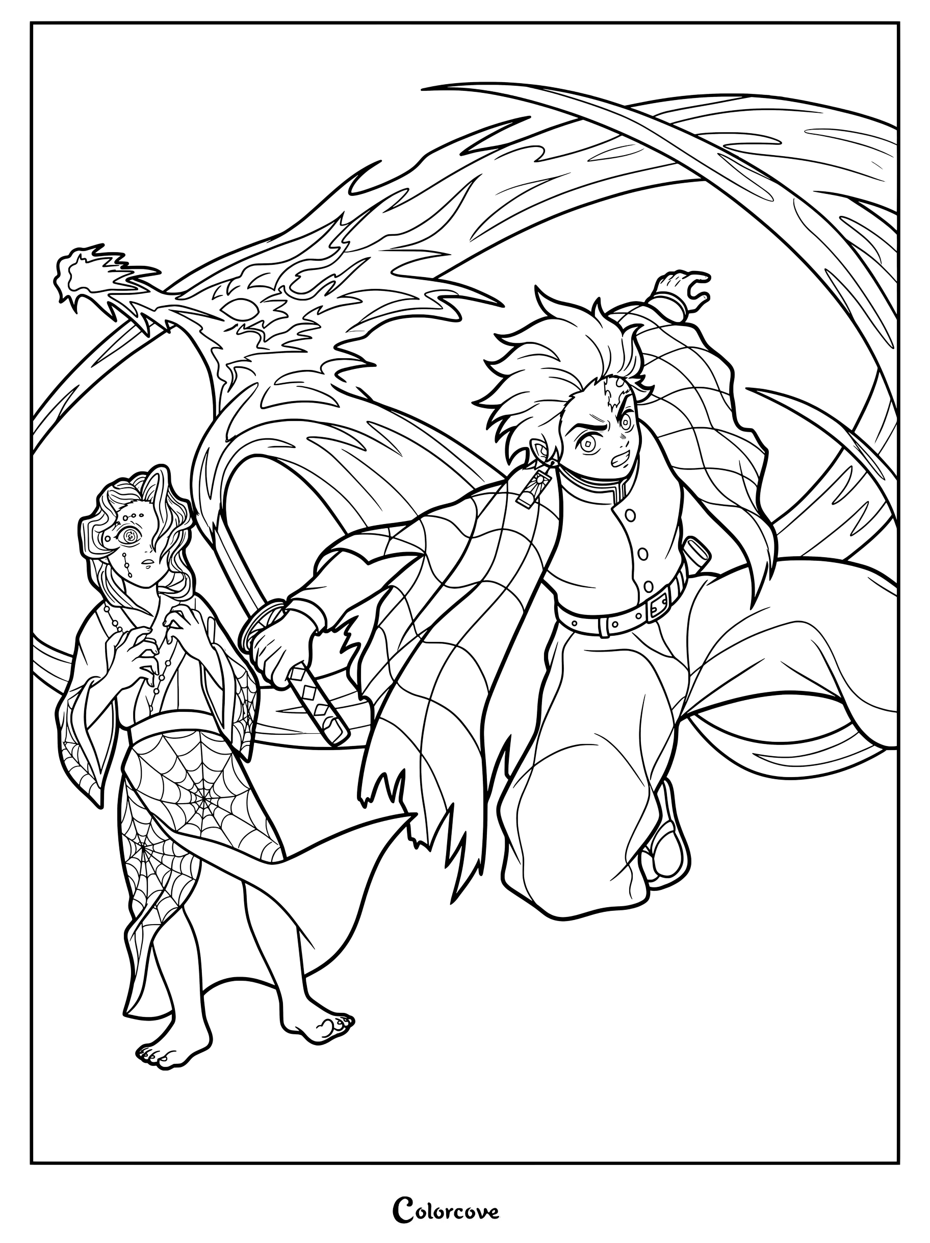 Tanjiro Kamado facing Rui in a final confrontation coloring page from Demon Slayer Kimetsu no Yaiba