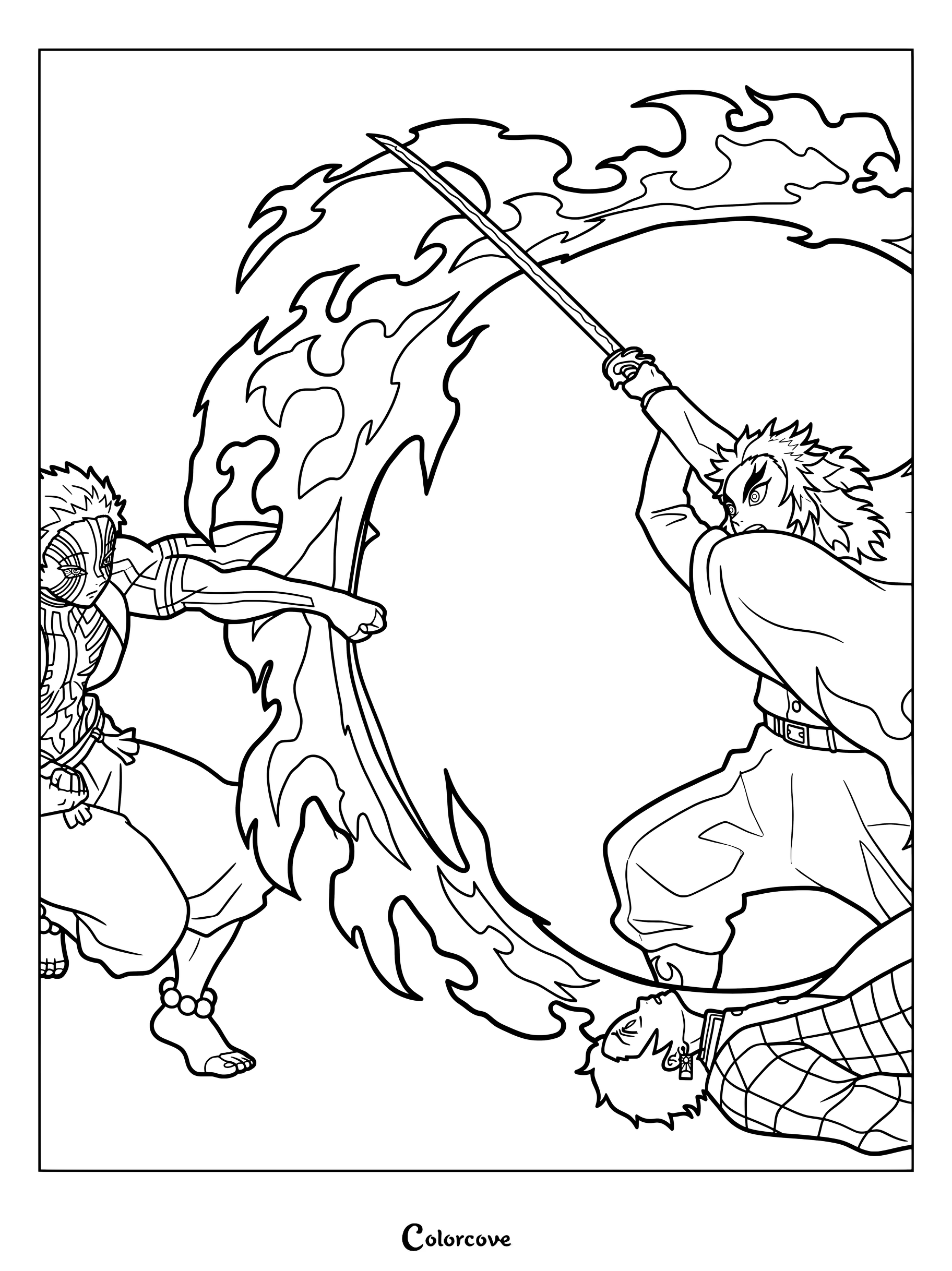 Demon Slayer coloring page featuring a pivotal battle scene between the Flame Hashira Kyojuro Rengoku and Upper Rank Three demon Akaza