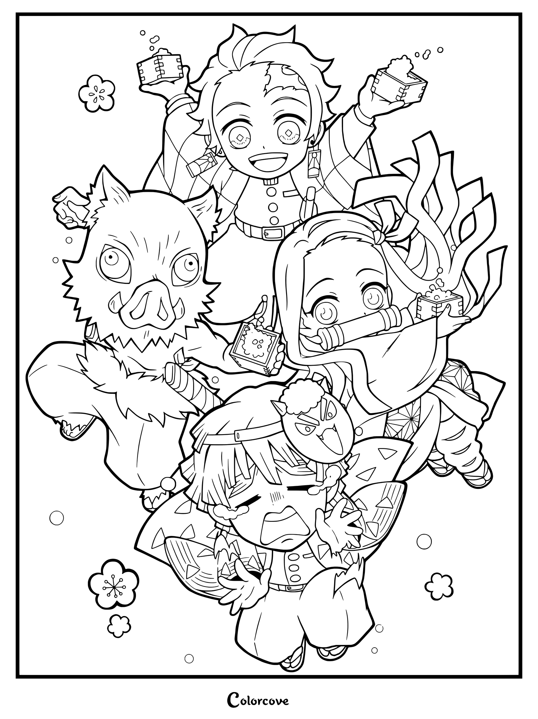 Chibi-style coloring page featuring Tanjiro, Nezuko, Inosuke, and Zenitsu from Demon Slayer Kimetsu no Yaiba