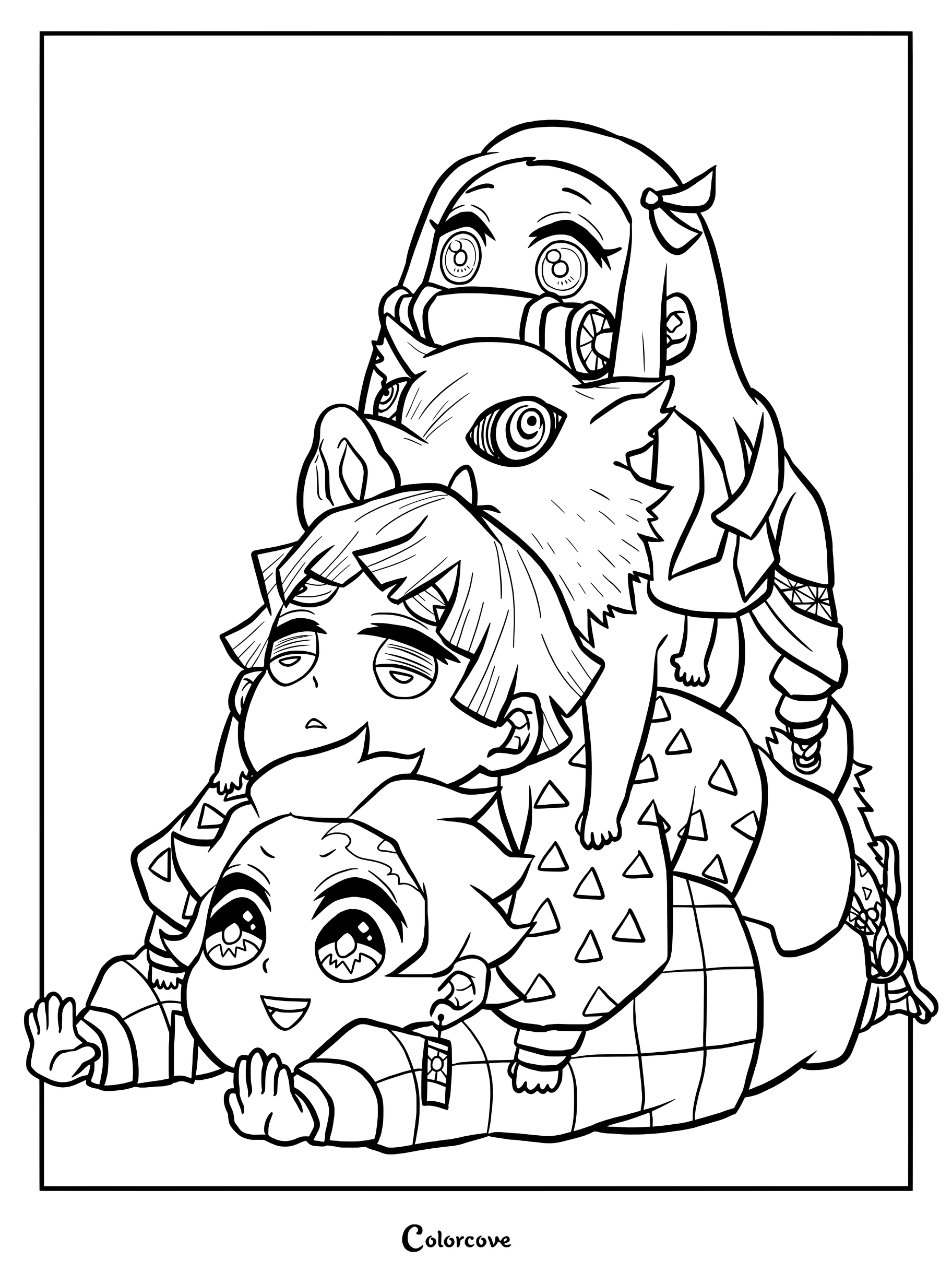 Printable coloring page featuring chibi style characters from the anime Demon Slayer Kimetsu no Yaiba stacked on top of each other