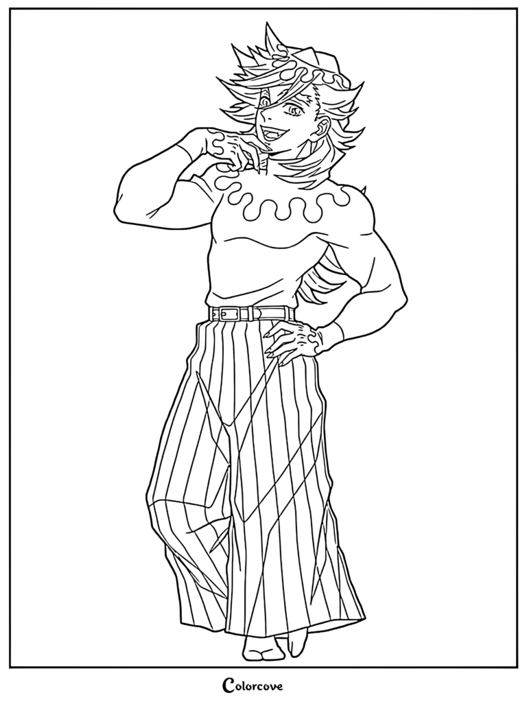 Doma from Demon Slayer standing in a confident pose, featuring his signature spiky hair and striped pants in a detailed line art coloring page.