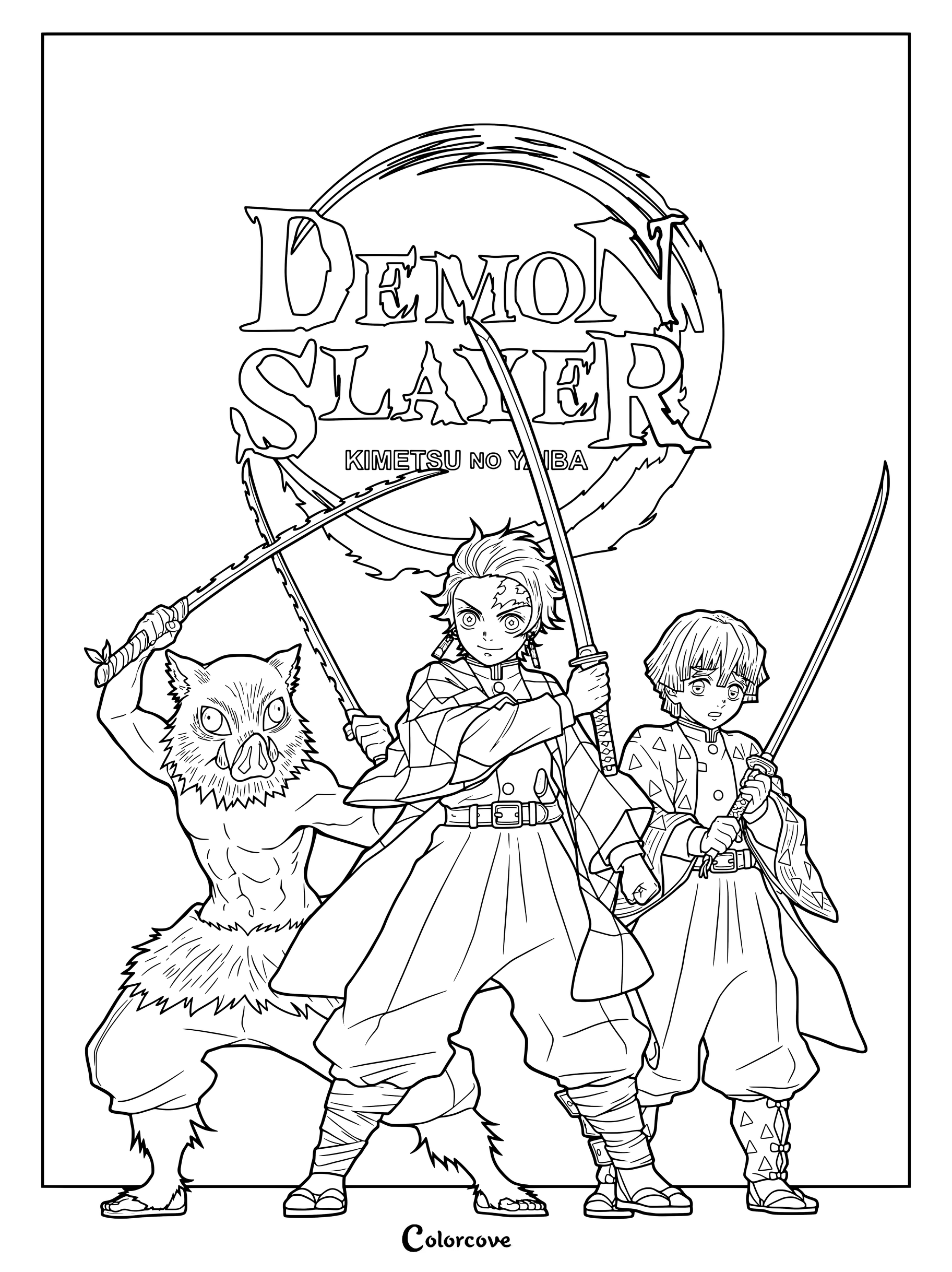 Demon Slayer promotional poster coloring page featuring Tanjiro, Inosuke, and Zenitsu holding swords