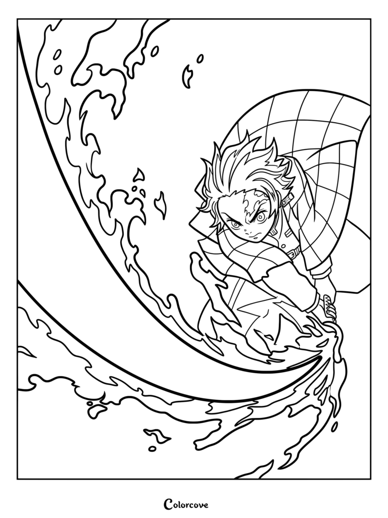 Tanjiro Fire Wheel coloring page from Demon Slayer