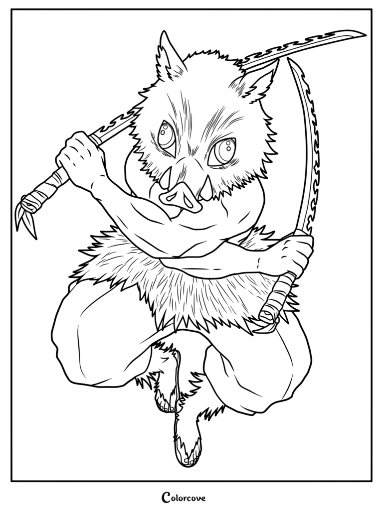 Demon Slayer Inosuke Hashibira coloring page featuring his hollowed out boar head mask and furry waist wrap.