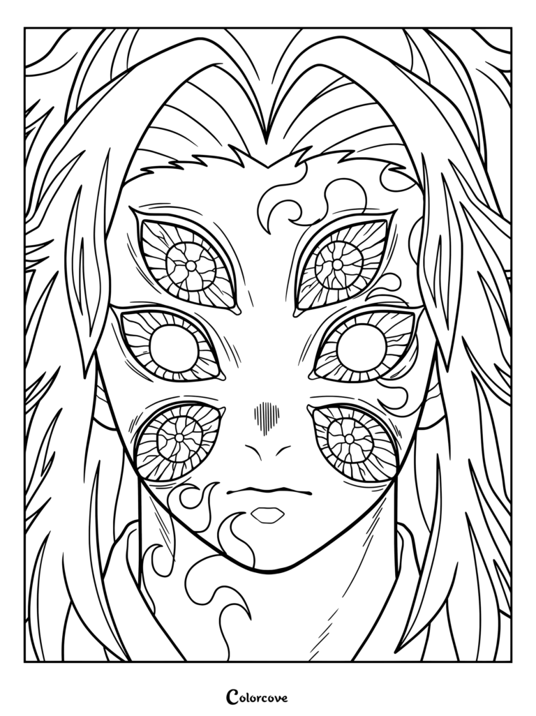 Demon Slayer Kimetsu no Yaiba face closeup coloring page of Kokushibo featuring his six distinct eyes.
