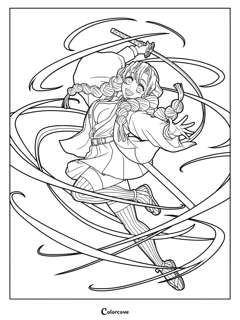 Mitsuri Kanroji the Love Hashira from Demon Slayer performing an attack with her whip like Nichirin sword coloring page