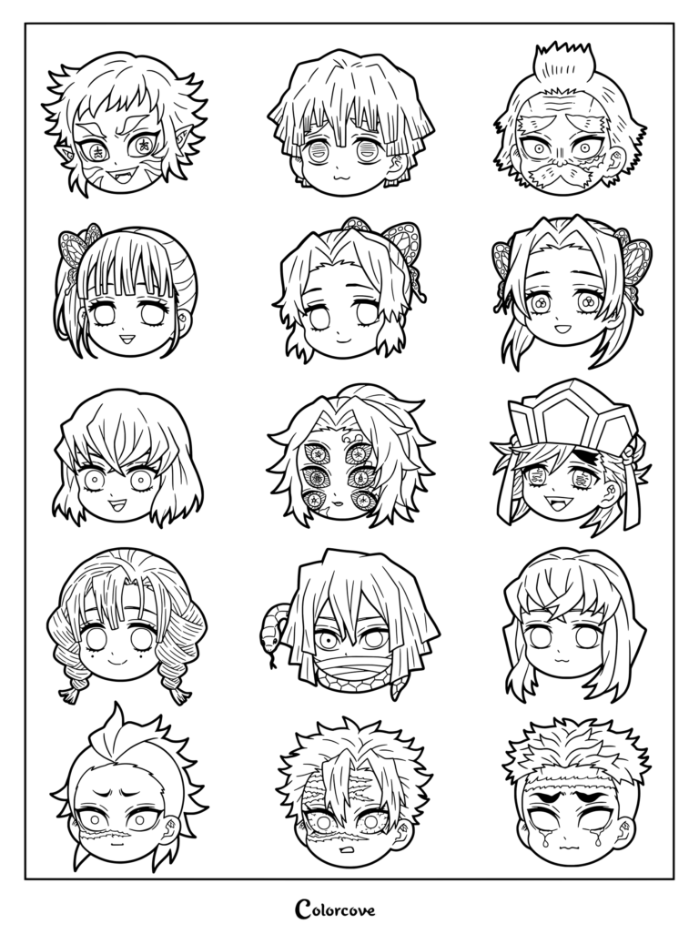 Various chibi character head illustrations from Kimetsu no Yaiba.