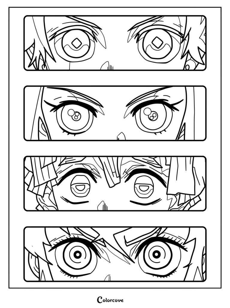 Demon Slayer coloring page featuring four stacked close-ups of character eyes from Tanjiro Kamado, Nezuko Kamado, Zenitsu Agatsuma, and Sanemi Shinazugawa.
