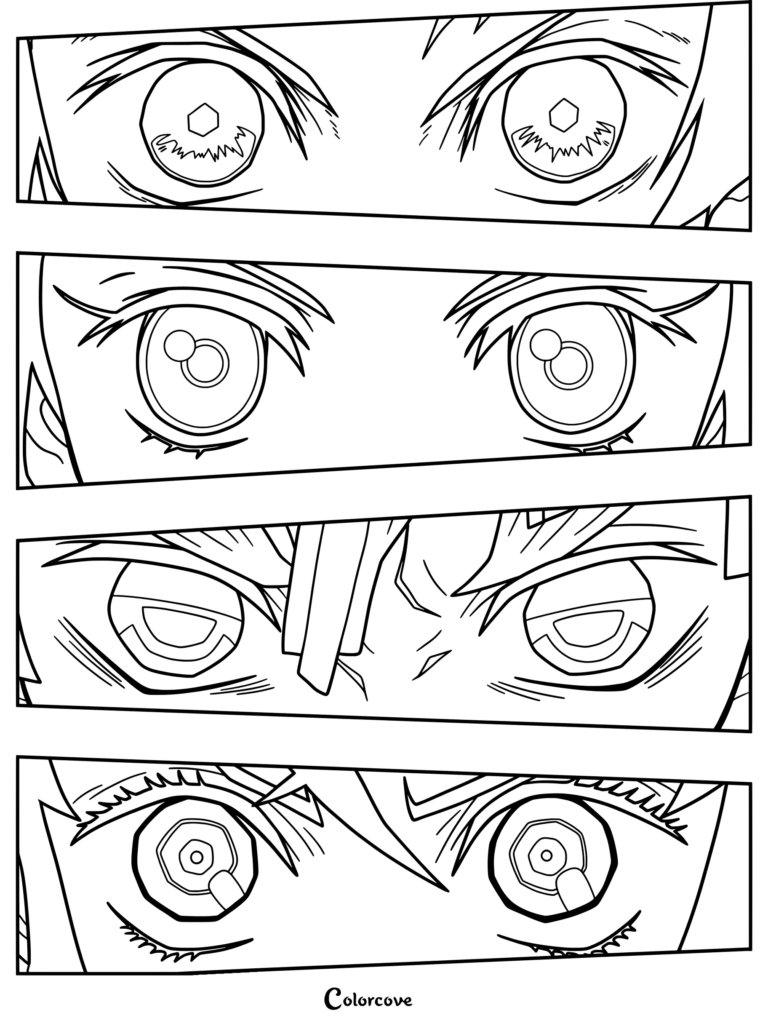 This coloring page displays the distinct eye designs of the four main characters.