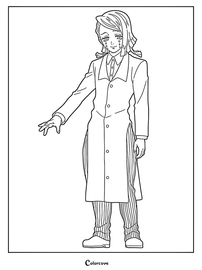 Enmu from Demon Slayer standing in his signature long coat, detailed line art coloring page.