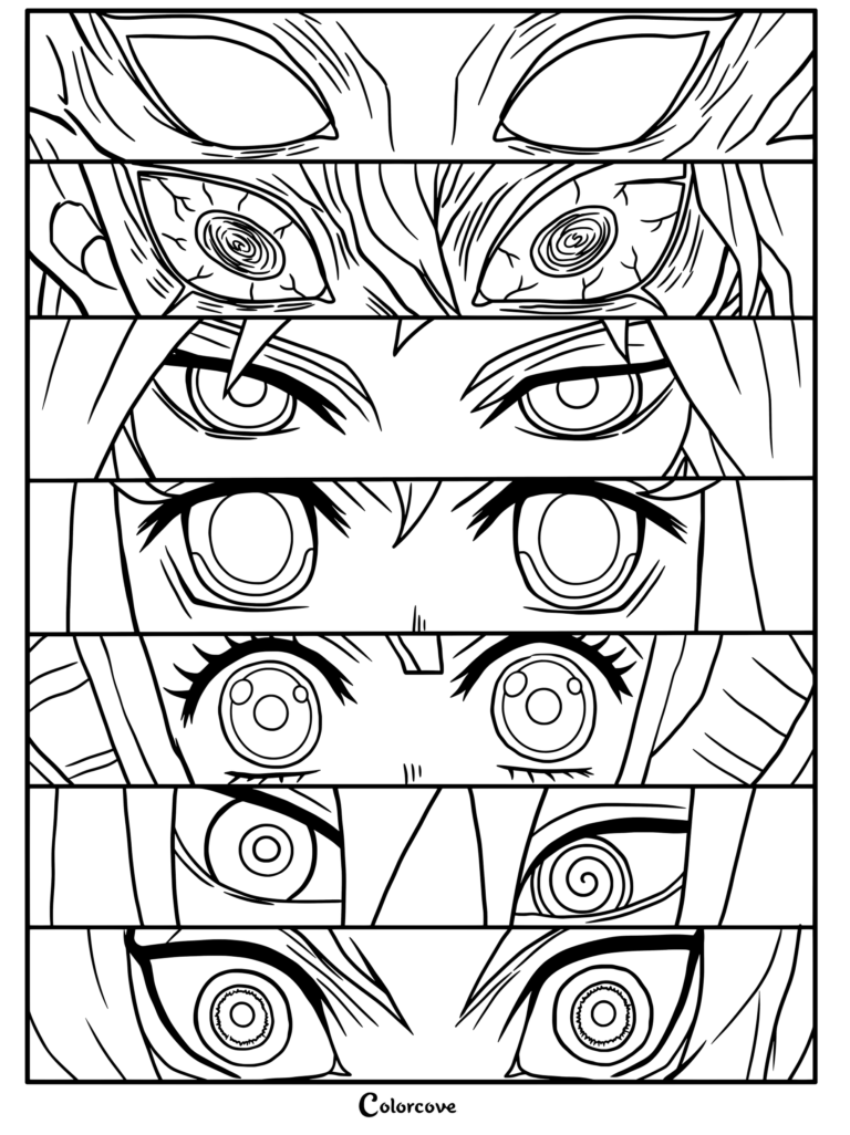 Vertical compilation coloring page of eye close-ups featuring seven Hashira from Demon Slayer, including Kyojuro Rengoku, Sanemi Shinazugawa, Giyu Tomioka, Muichiro Tokito, and Mitsuri Kanroji.