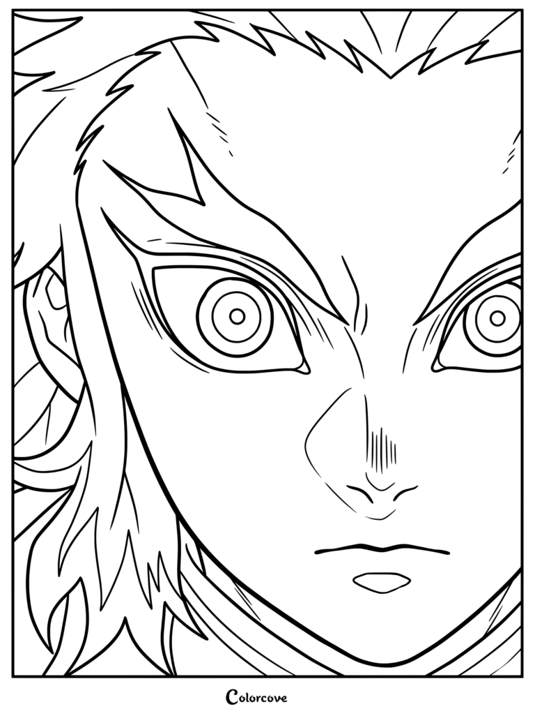 Printable coloring page of Kyōjurō Rengoku, the Flame Hashira from Demon Slayer Kimetsu no Yaiba, in a detailed face closeup.