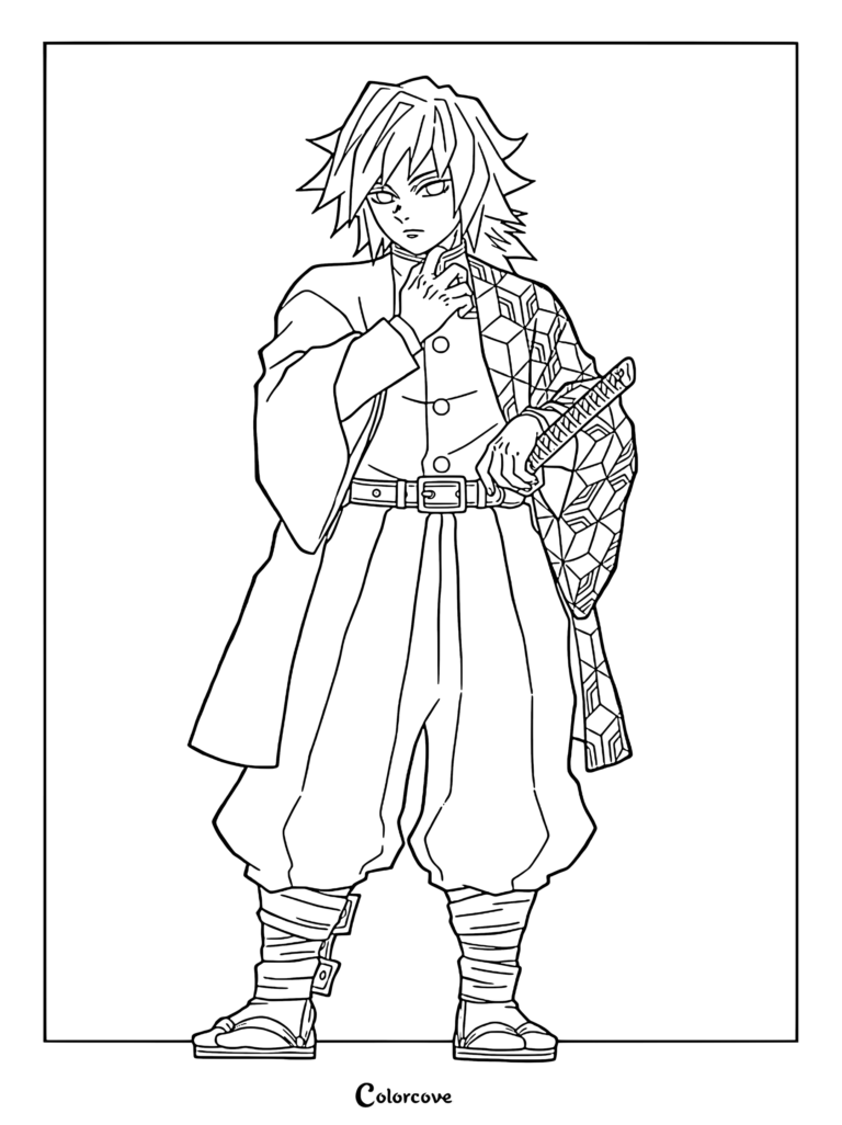 Giyu Tomioka standing in his signature haori with a geometric pattern, holding his Nichirin sword, detailed line art coloring page.