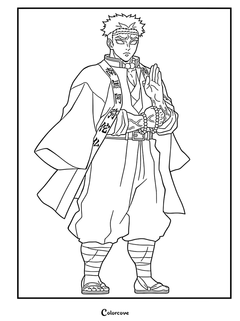 Gyomei Himejima from Demon Slayer standing with hands in prayer, wearing his haori with kanji, detailed line art coloring page.