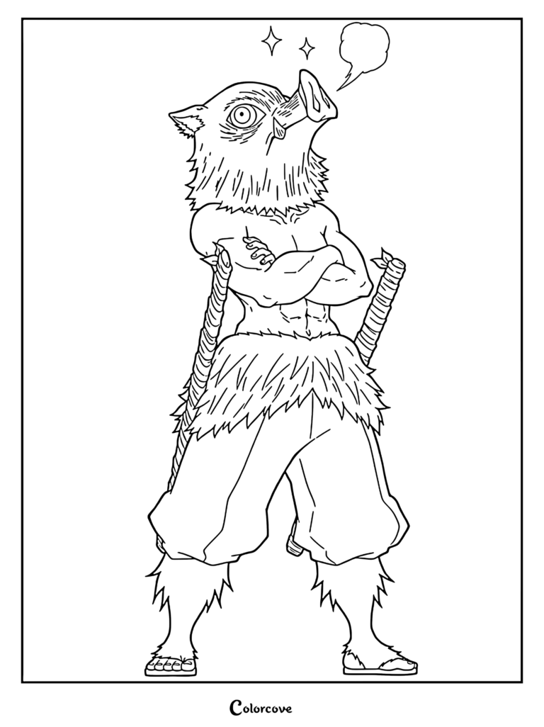 Inosuke Hashibira wearing his signature boar mask with arms crossed in a confident pose, printable Demon Slayer coloring page.