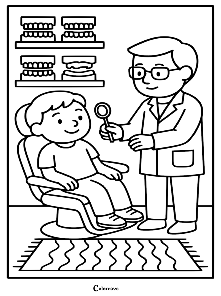 Dentist wearing glasses holding a magnifying glass to inspect a young patient sitting in a dental chair, a coloring page showing dental models on wall shelves.