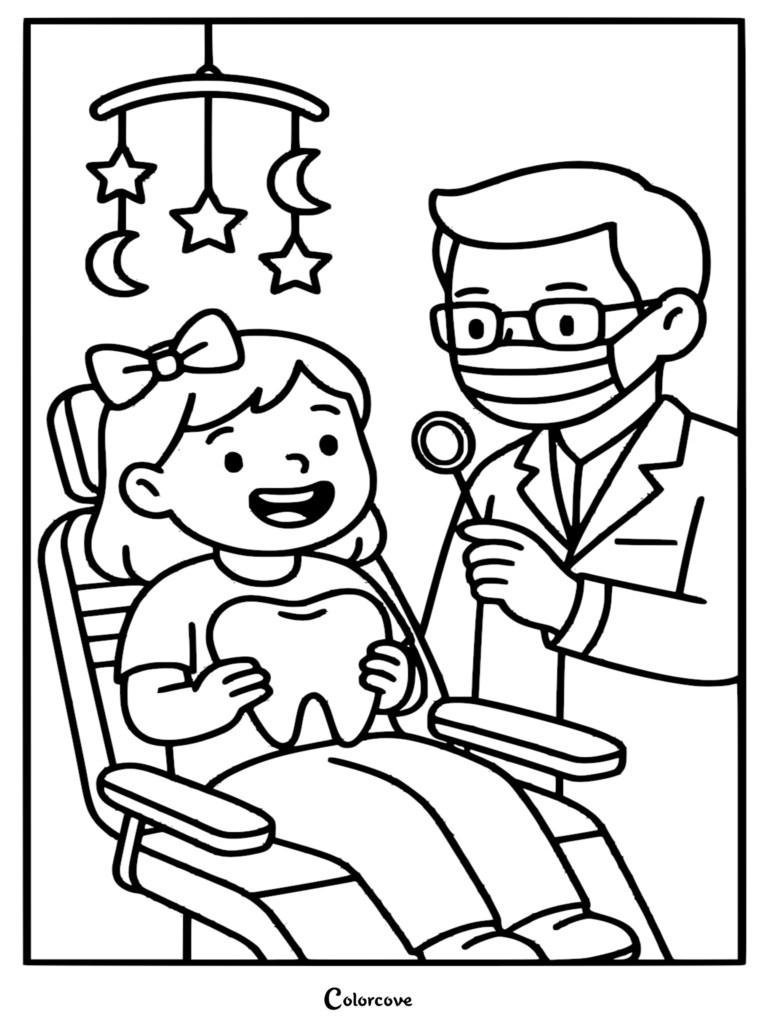 Dentist holding a mirror as girl holds giant tooth.