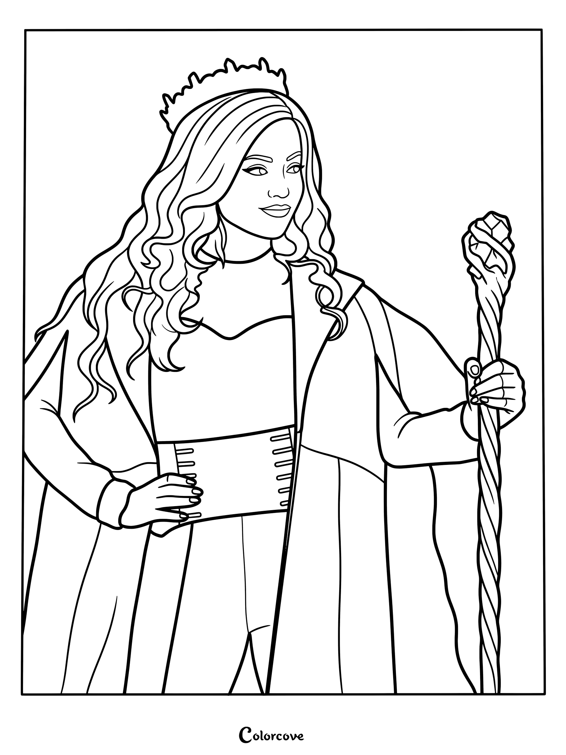 Dibujo para colorear de Audrey, Reina del Mal, luciendo una corona y sosteniendo un cetro
