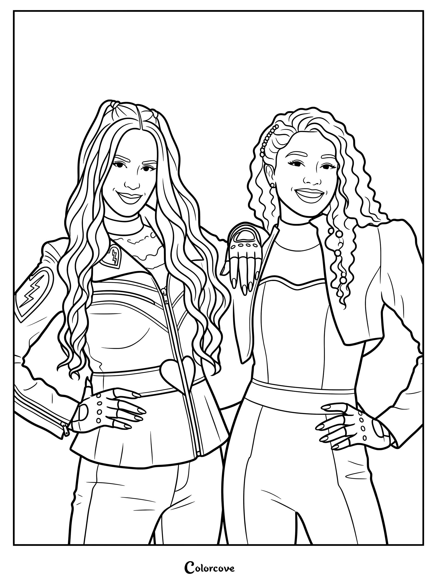 Página para colorear de Red y Chloe con los dos personajes de Los Descendientes posando juntas con atuendos elegantes
