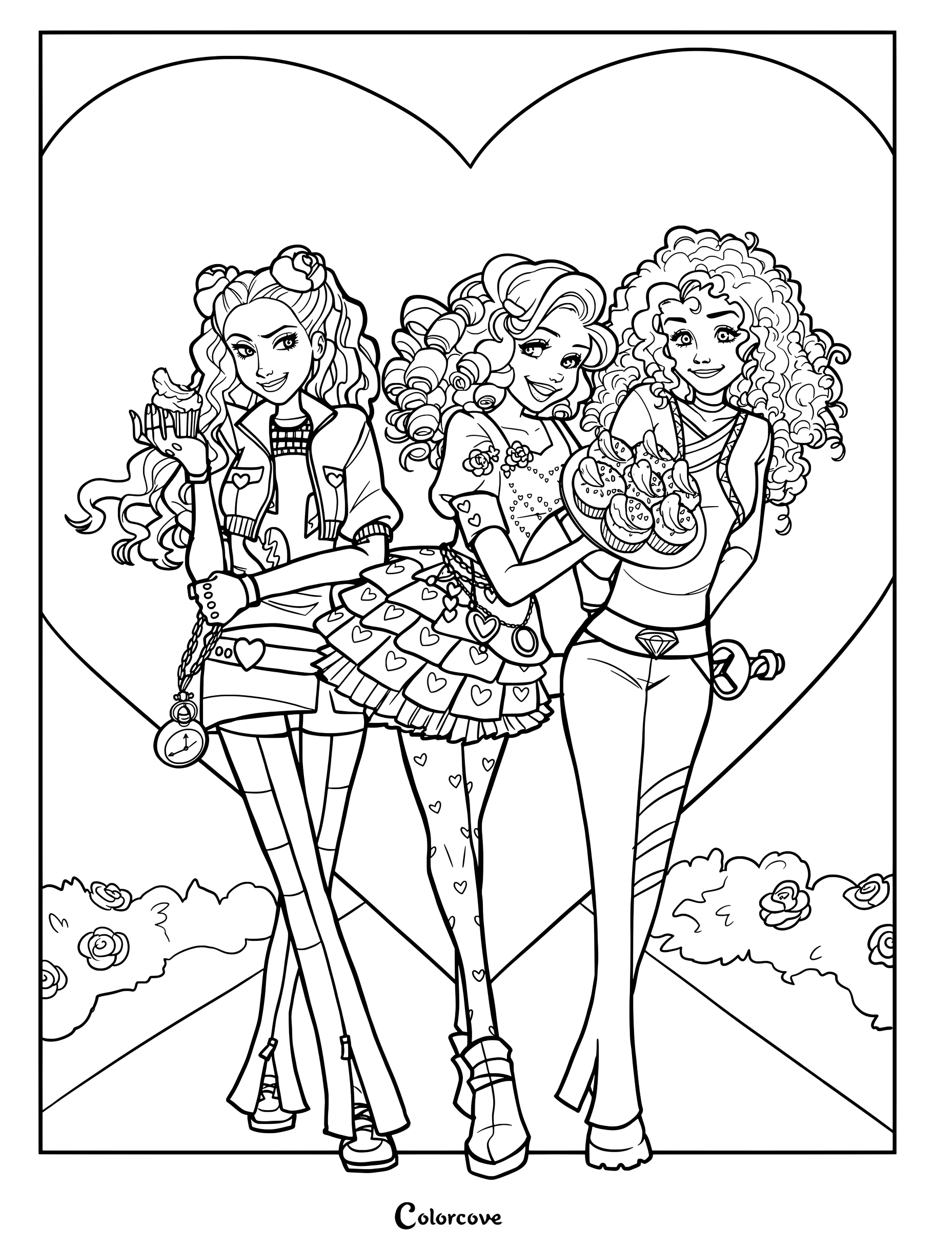 Página para colorear de Los Descendientes con Red, Bridget y Chloe Charming sosteniendo cupcakes dentro de un marco de corazón