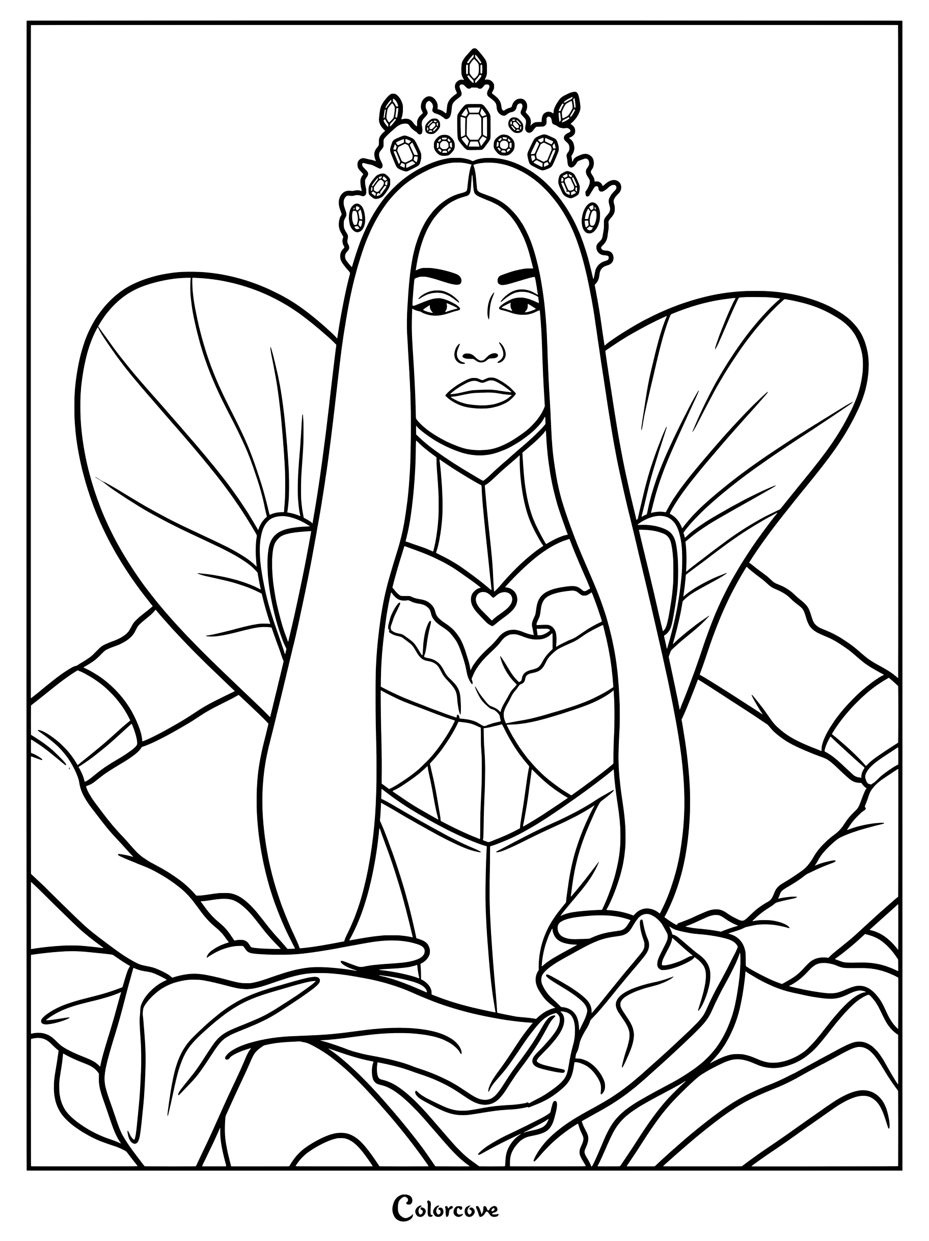 La Reina de Corazones de Los Descendientes luciendo una corona con joyas y un vestido de cuello alto en una página para colorear de dibujo lineal