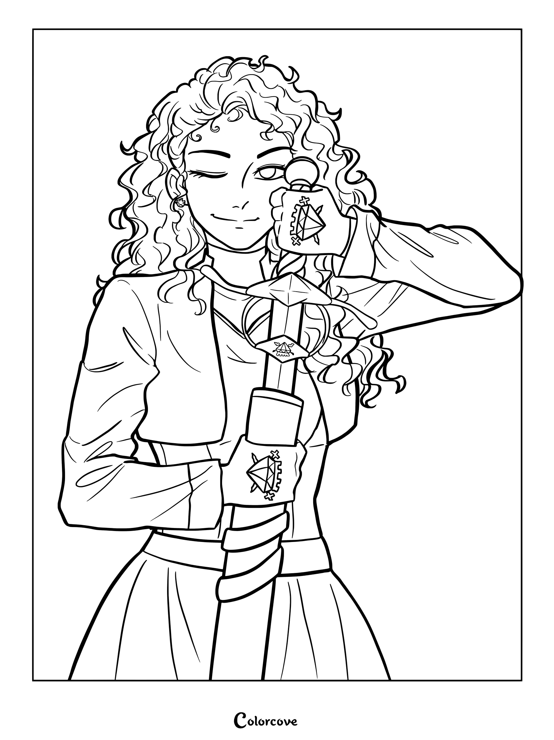 Página para colorear de fan art con Chloe Charming de Los Descendientes: El ascenso de Red sosteniendo una espada