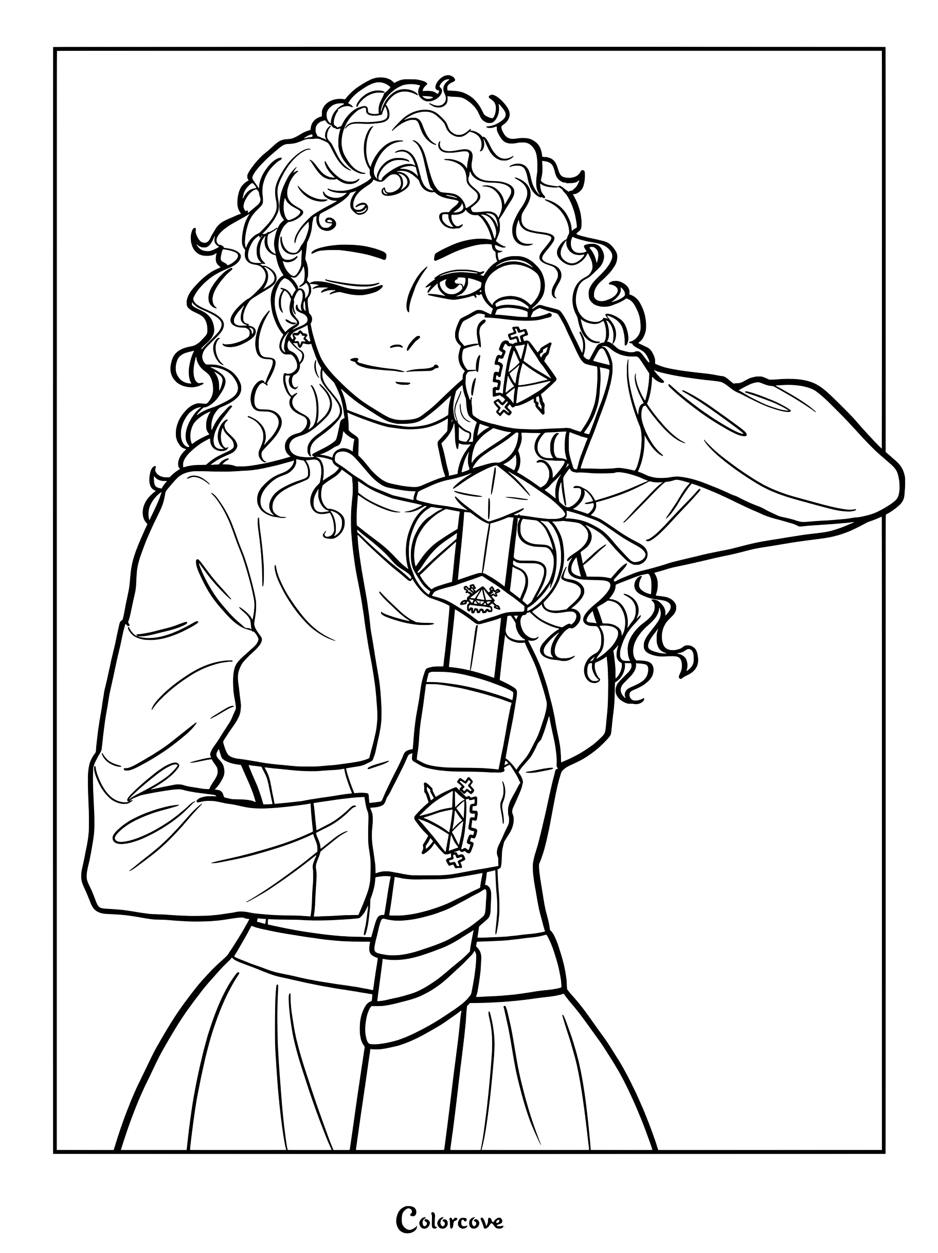 Chloe de Los Descendientes sosteniendo una espada, mostrada en una página para colorear con dibujo lineal detallado.
