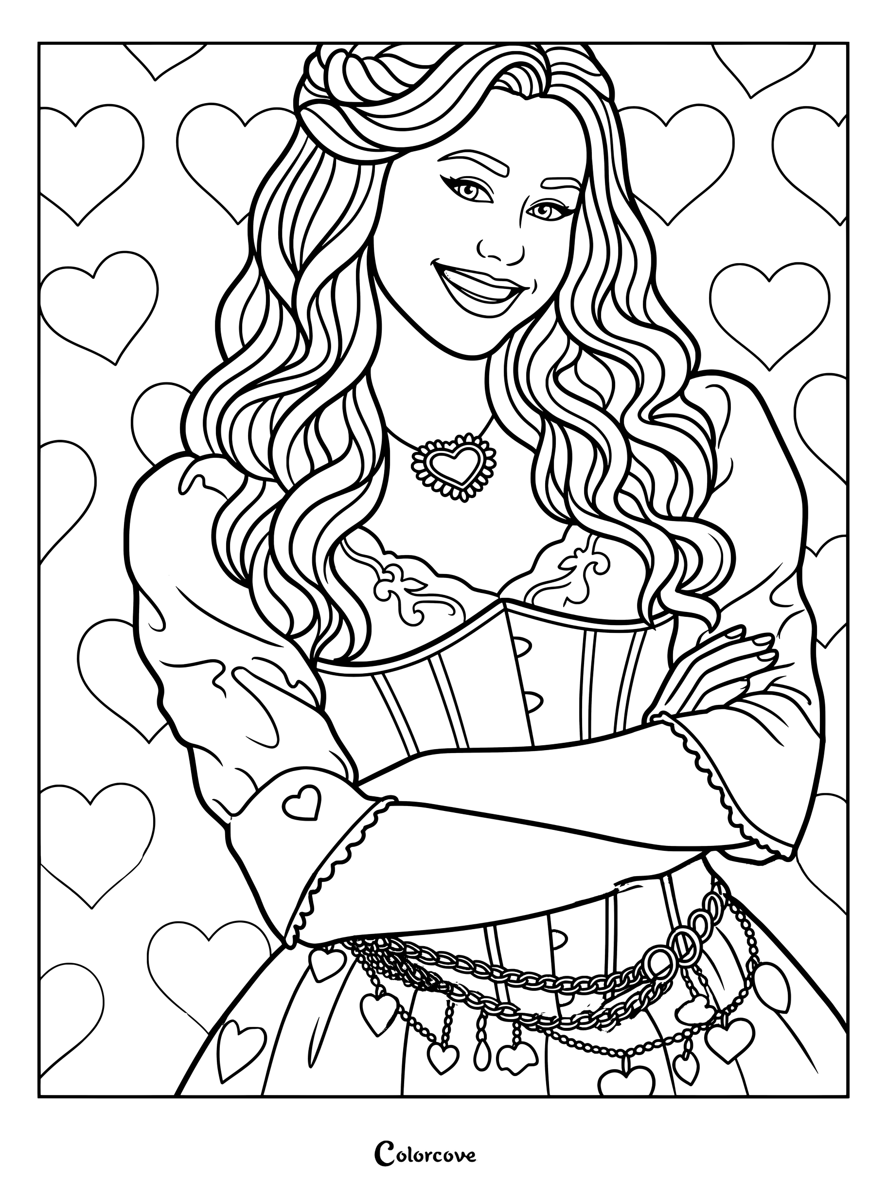Página para colorear imprimible con Ruby Rose Turner como el personaje de Bridget de Los Descendientes con un fondo con patrón de corazones