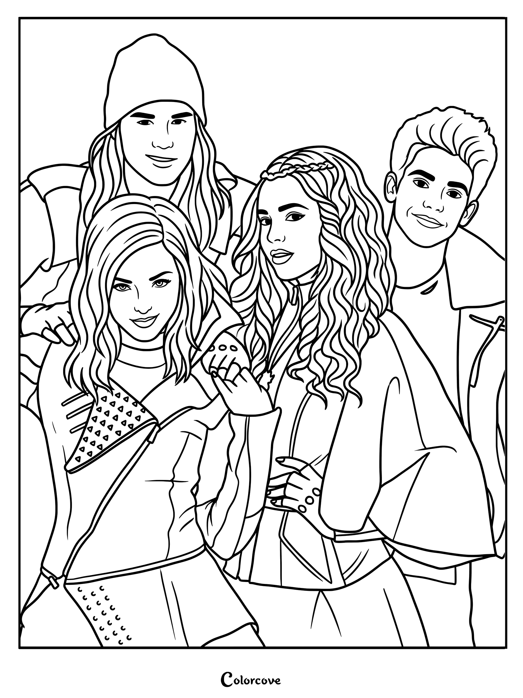 Página para colorear imprimible que muestra al elenco principal de la franquicia de Disney, Los Descendientes, incluidos los actores que interpretaron a Mal, Evie, Jay y Carlos.