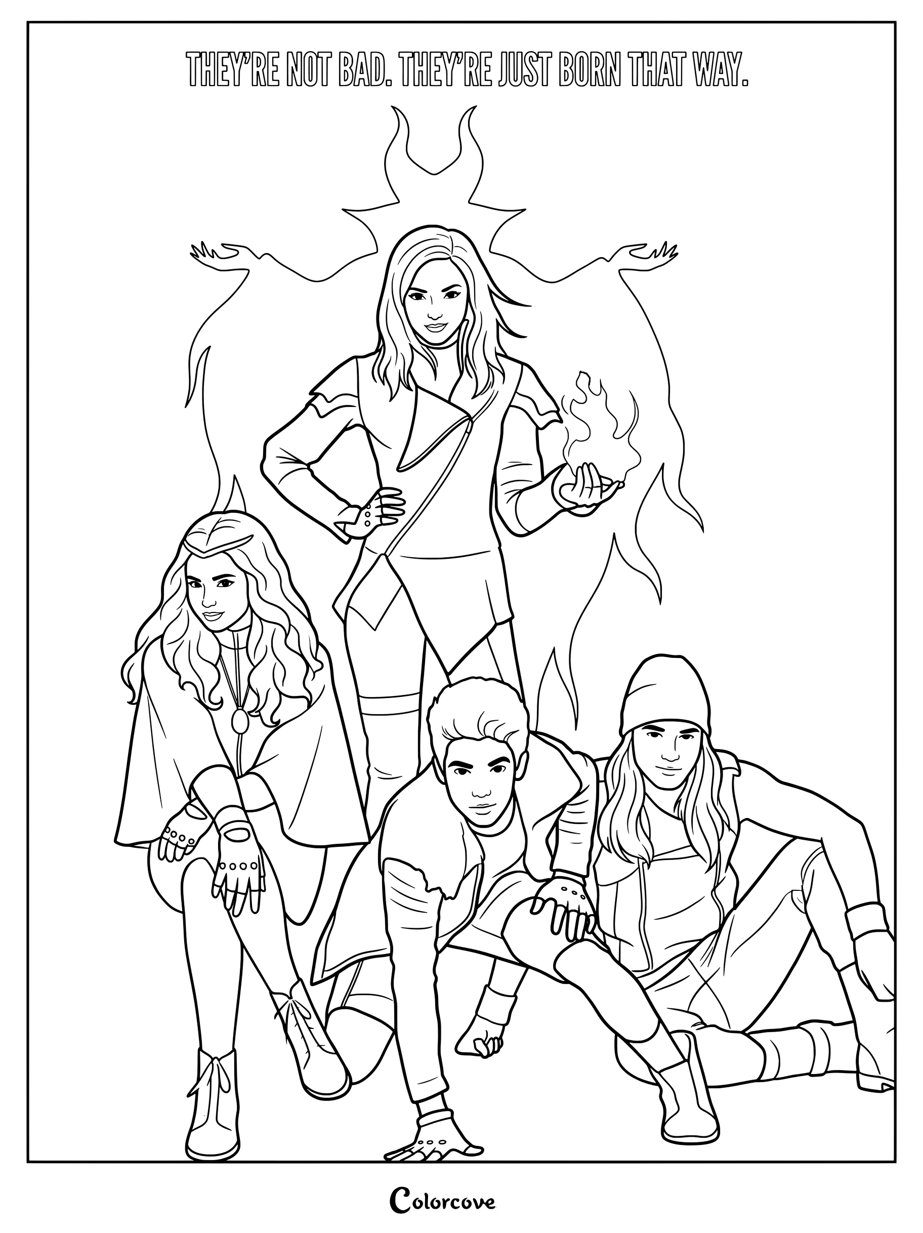 Página para colorear del póster promocional original de la película de Disney Channel de 2015, Los Descendientes, con los personajes principales.