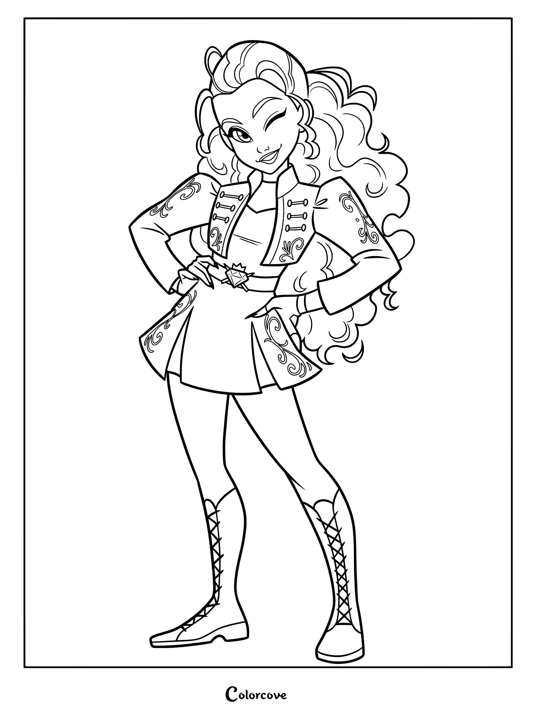 Página para colorear de fan art de Chloe Charming de Los Descendientes: El ascenso de Red donde aparece guiñando un ojo y posando con las manos en las caderas